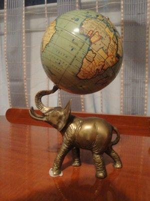 Elephant and Globe Logo - English World Globe on Brass Elephant Statue. Global. World