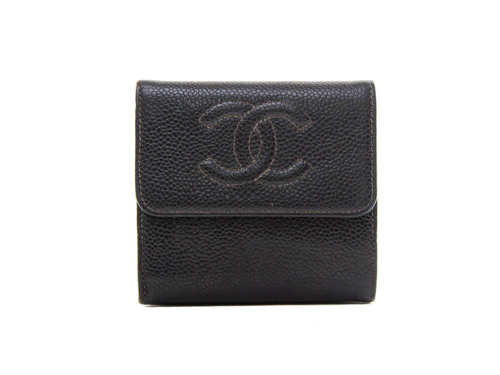 Chanel CC Logo - Authentic Chanel CC Logo Black Caviar Leather Tri Fold Wallet