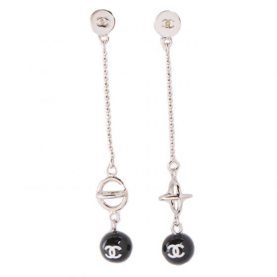 Chanel CC Logo - CHANEL CC Logo Bead Long Drop Earrings Silver 90195