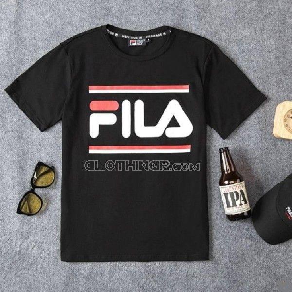 Five Red White Letter Logo - FILA Letter Logo Red White Stripes Black T-Shirt