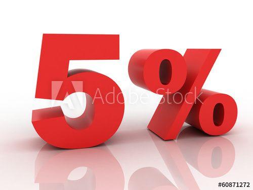 Five Red White Letter Logo - 3d rendering of a 5 percent discount in red letters on a white b ...