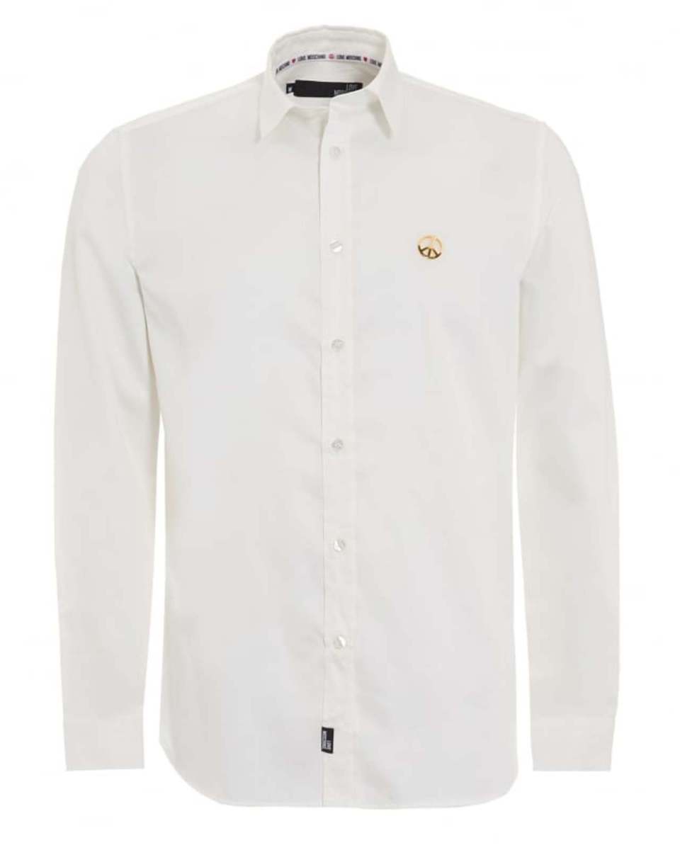 Gold Off White Logo - LOVE MOSCHINO OFF WHITE GOLD PEACE METAL BADGE SHIRT MC70681T8325