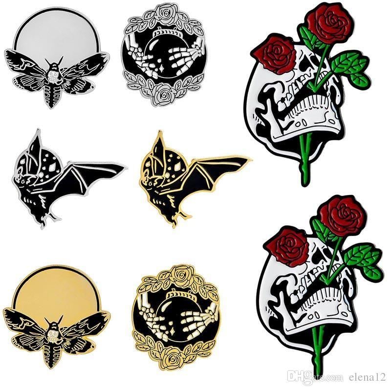 Skull and Roses Logo - 2019 Skull Roses Hand Brooches Crystal Ball Bat Bee Brooch Punk Dark ...