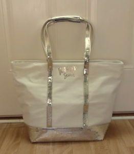 Gold Off White Logo - VICTORIA'S SECRET LOGO ON FRONT OFF WHITE WITH GOLD SEQUINS TOTE BAG