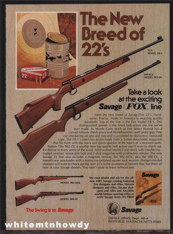 Vintage Savage Guns Logo - 1981 SAVAGE FOX FB-1 982-DL 982-MDL 98 Rifle AD : Gun Posters ...