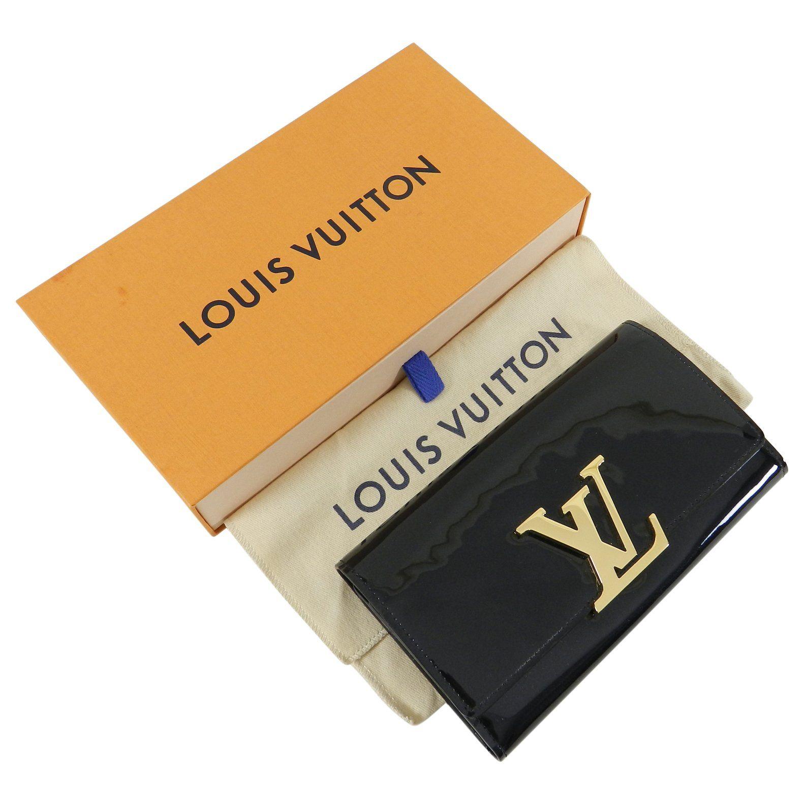 LV Gold Logo - Louis Vuitton Gold-Tone LV Logo Black Vernis Louise Wallet at 1stdibs