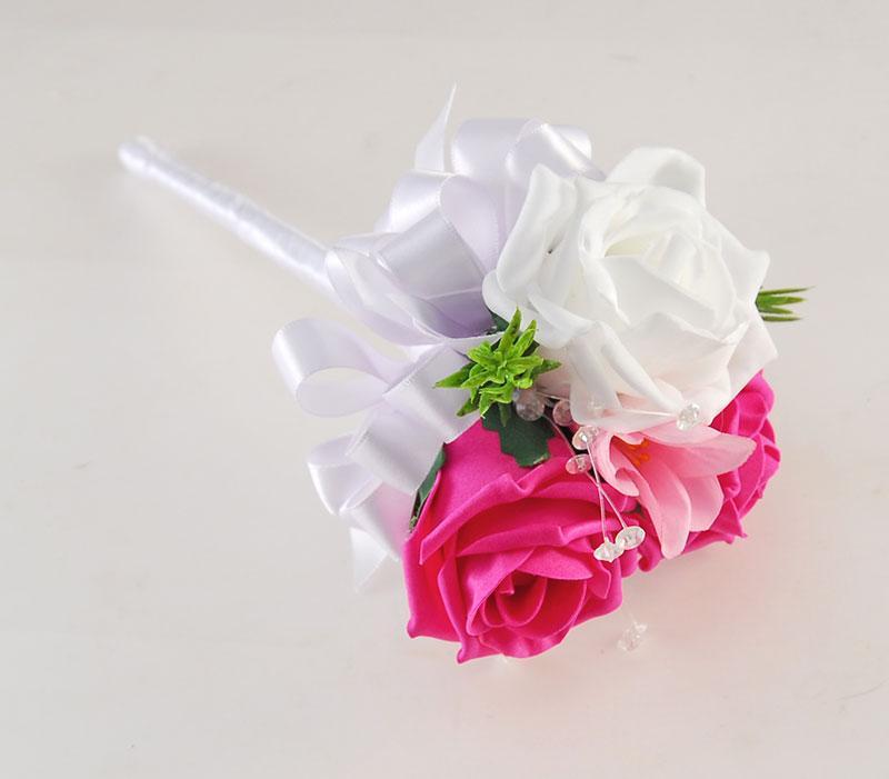 Flower Pink and White Logo - Flower Girl , Cerise Pink & White Rose, Silk Freesia Wedding Wand