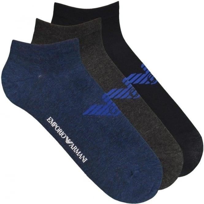 Navy Blue Eagle Logo - Emporio Armani 3 Pack Big Eagle Logo Trainer Socks, Blue / Navy