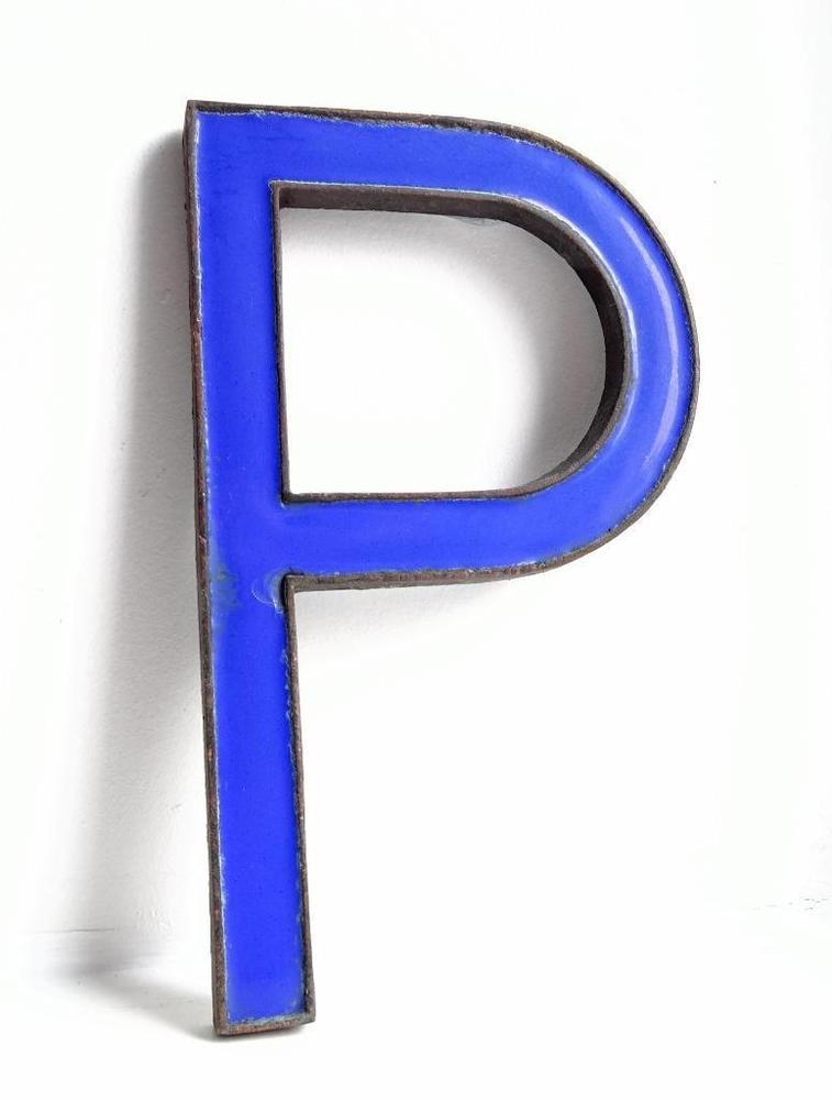 Blue Rectangle in Blue P Logo - VINTAGE ANTIQUE BRONZE METAL & BLUE ENAMEL SHOP DISPLAY SIGN LETTER