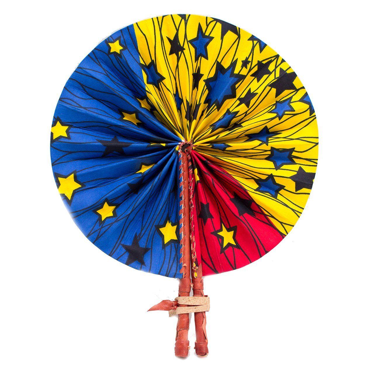 Blue Fan and Yellow Logo - Ghanaian Wax Cotton & Leather Fan 'Blue & Yellow Stars'. Artisans