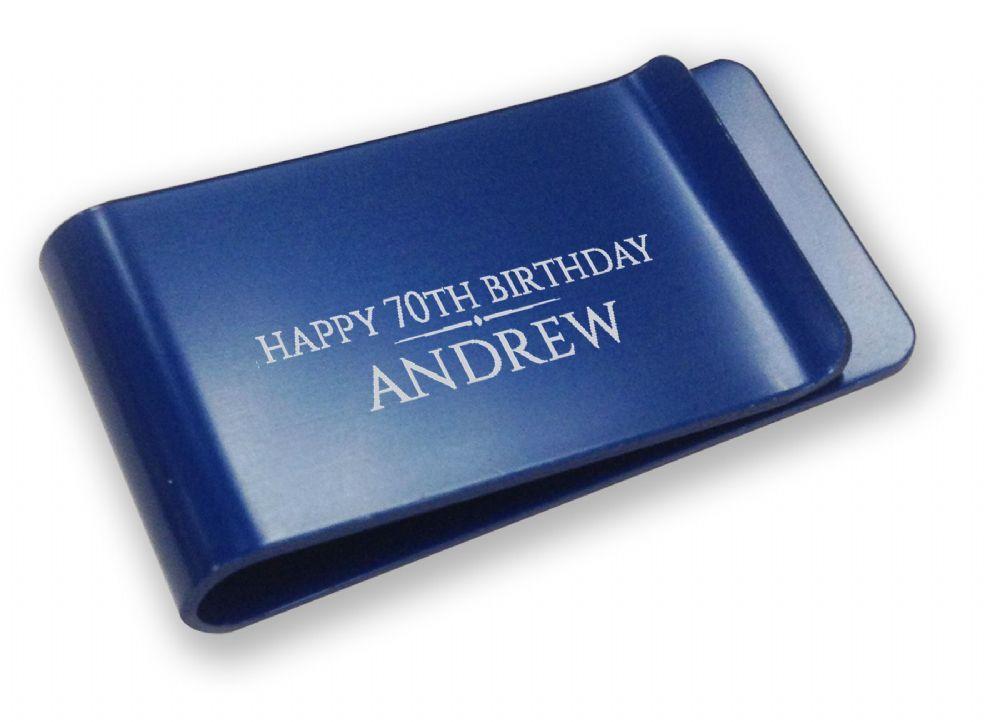 Blue Rectangle in Blue P Logo - Engraved 70TH BIRTHDAY money clip gift blue engraved with name