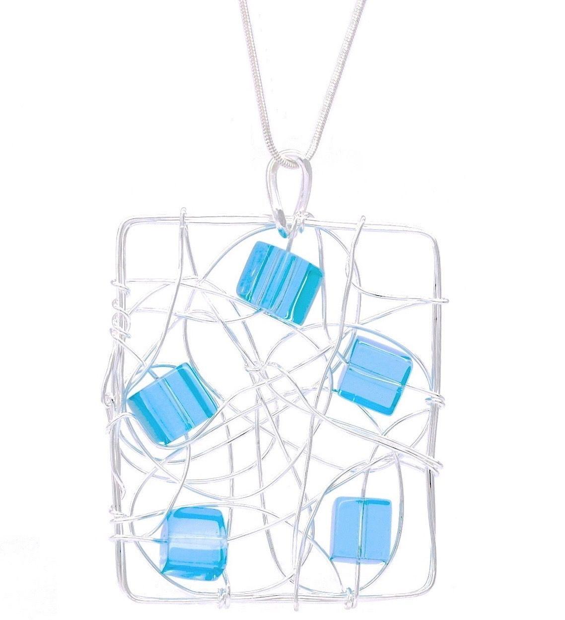 Blue Rectangle in Blue P Logo - Silver Plated Large Contemporary Wired Blue Glass Rectangle Necklace