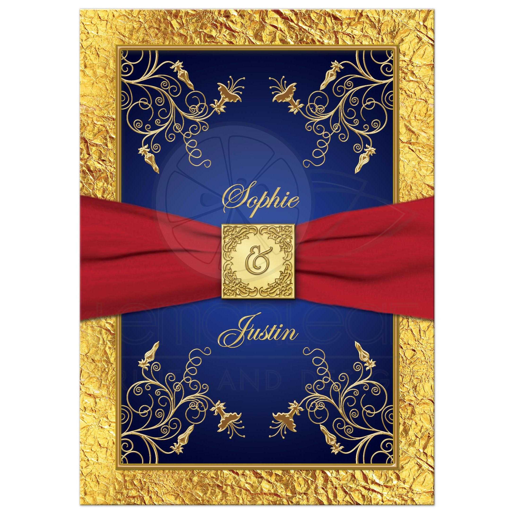 Red Gold and Blue Logo - Wedding Invitation | Blue, Red, Gold Floral | Monogram | Printed Ribbon