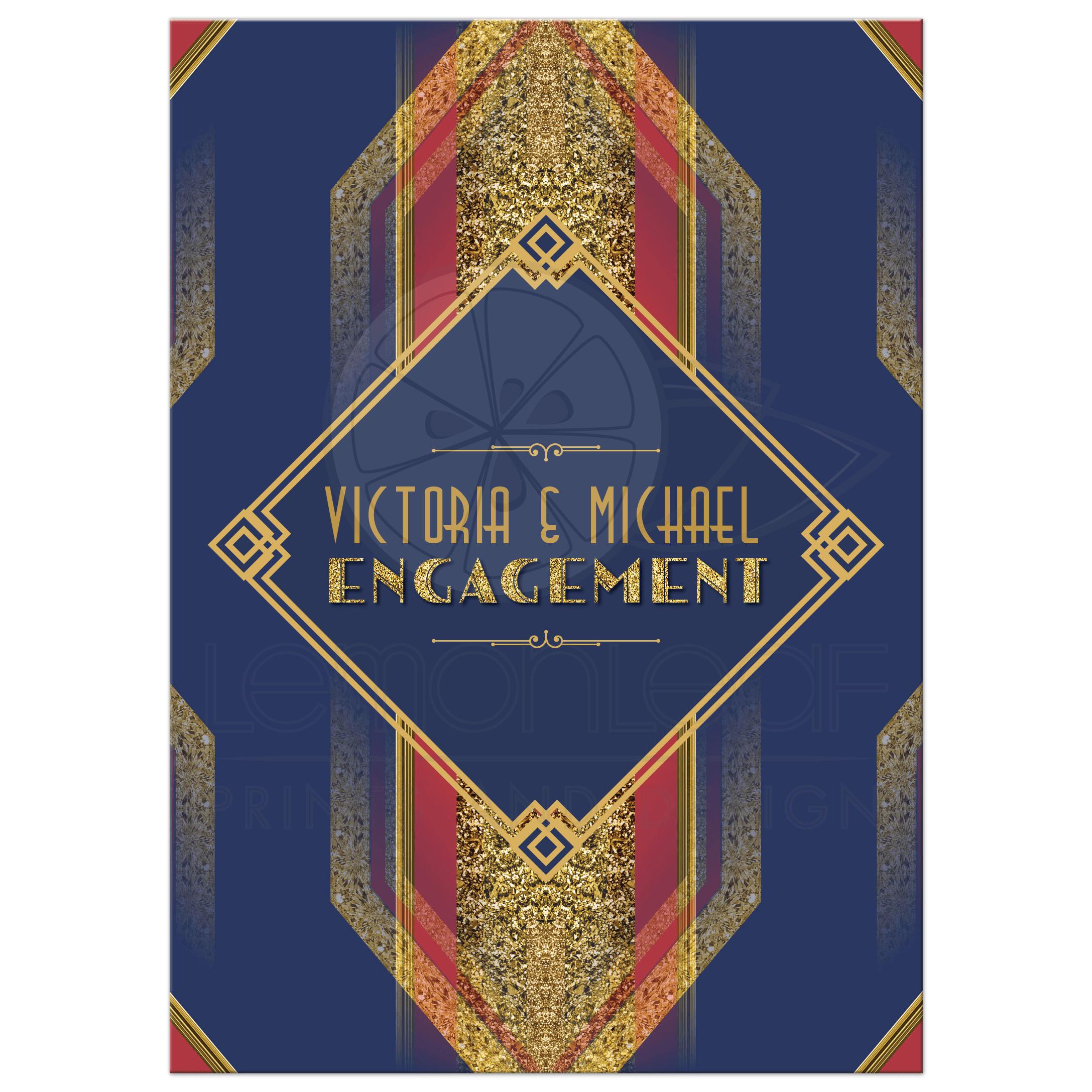 Red Gold and Blue Logo - Royal Blue + Red Gold Art Deco Geometric Engagement Invitation