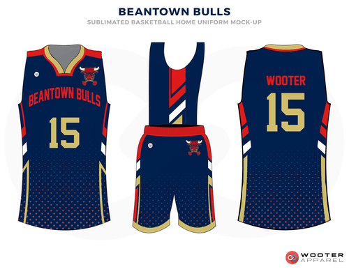 Red Gold and Blue Logo - BEANTOWN BULLS Blue Red Gold and White Basketball Uniforms, Jersey