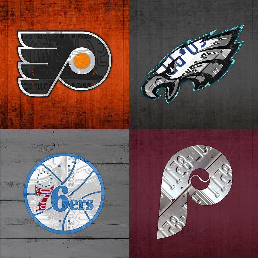 Eagles Phillies Flyers 76Ers Logo - Philadelphia Sports Fan Recycled Vintage Pennsylvania License ...