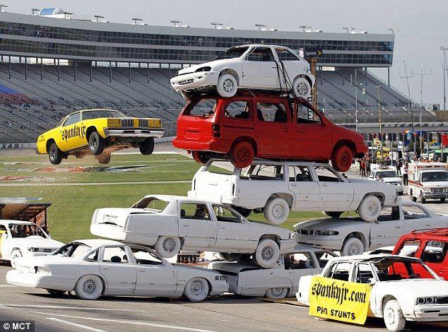 Silva Pyramid Car Logo - Spanky Spangler Jr drives through eight-car pyramid at Texas Motor ...