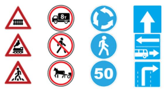 Red Blue Circular Logo - Column-wise examples of traffic sign types (red triangles, red ...