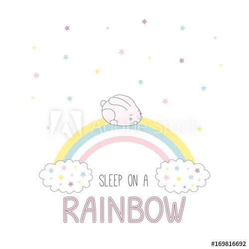 Cute Bunny Logo - Hand drawn vector illustration of a cute bunny sleeping on a rainbow