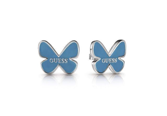 Blue Butterfly Logo - GUESS Rhodium Plated Blue Butterfly Logo Stud Earrings UBE85082