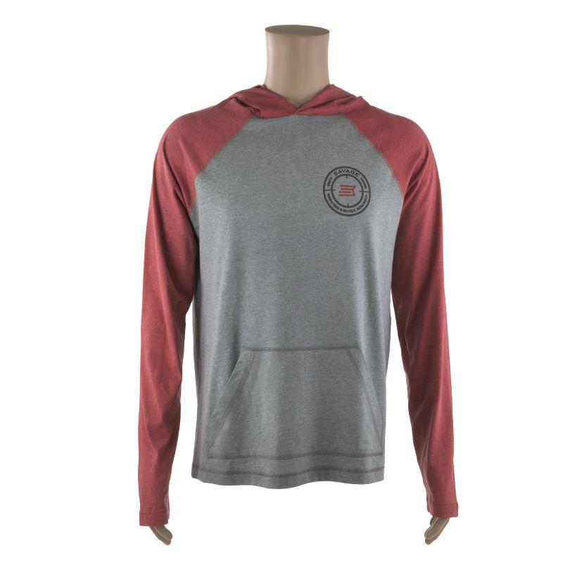 Red Savage Logo - GRAY LONG SLEEVE HOODED T-SHIRT w/ RED SLEEVES AND SAVAGE LOGO ...